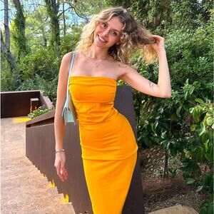 ZARA Blogger Fave Strapless Tangerine Midi Dress NWT Size M
